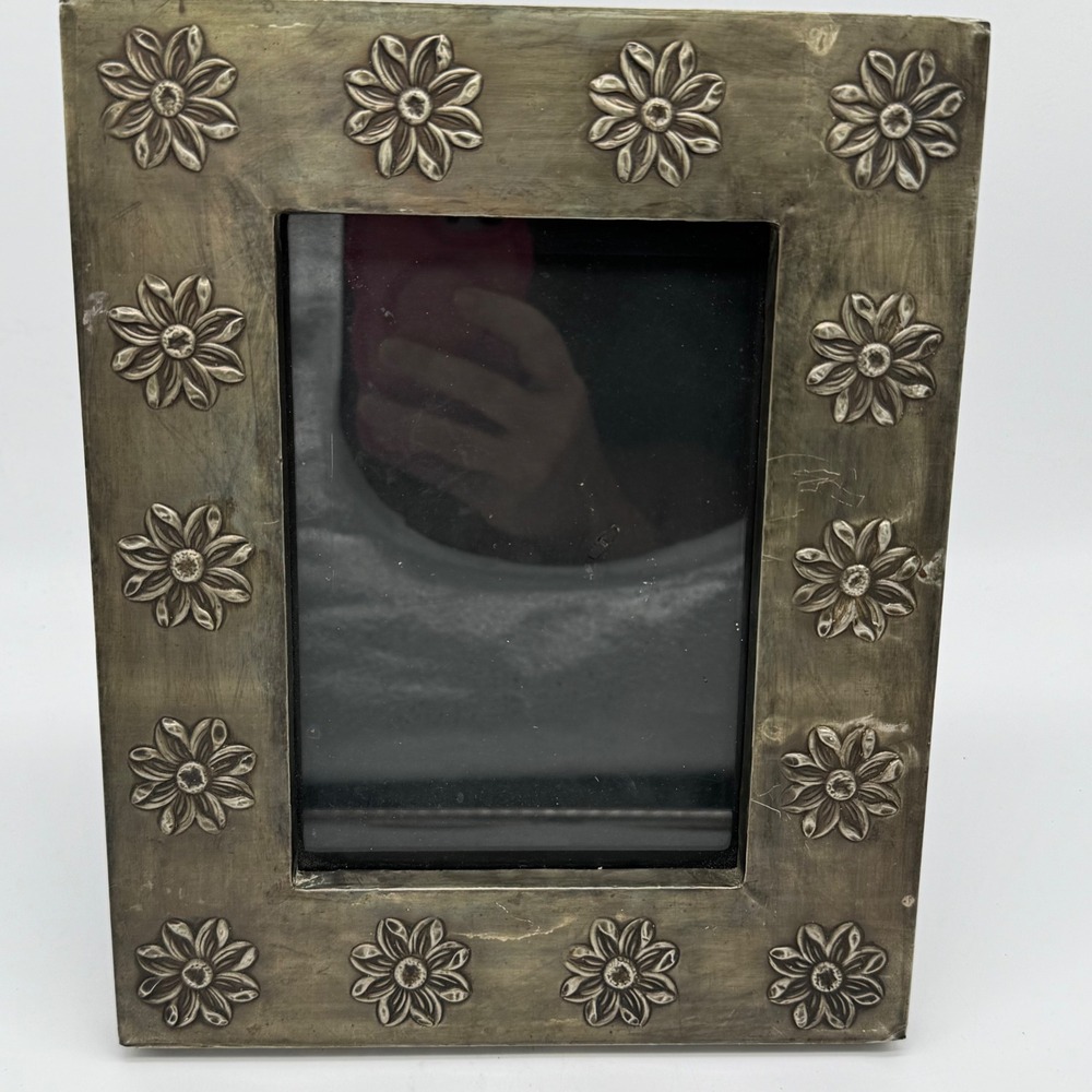 Vintage Tin Metal Picture Frame Embossed Flower 8x10 Folded Edge Nail Tac Rustic